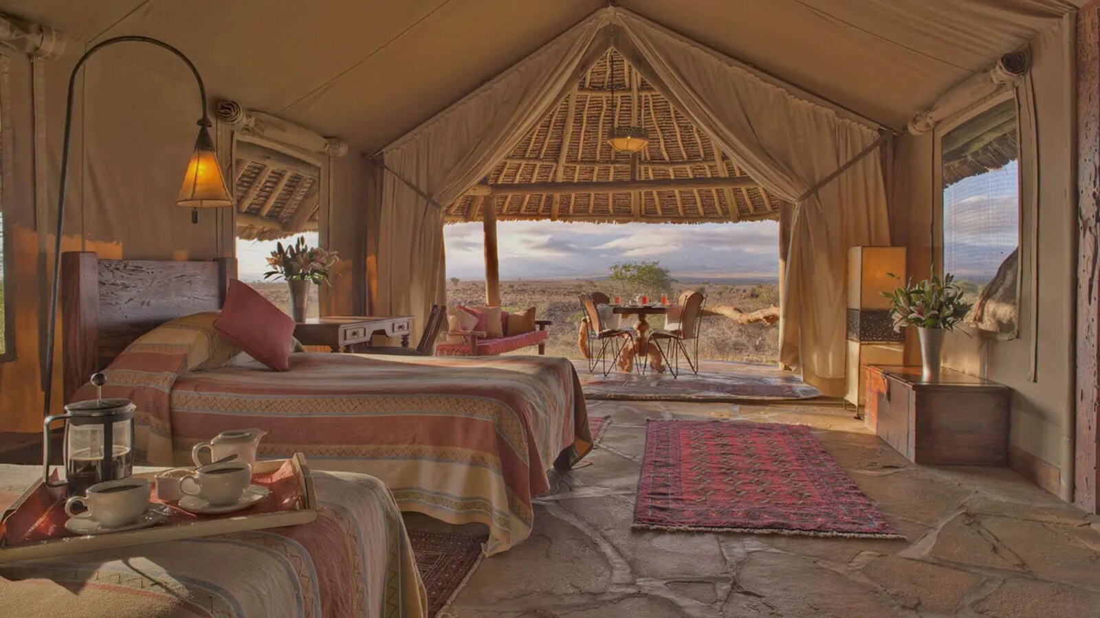 Tortilis Camp Family Tent twin bedroom with private pool access