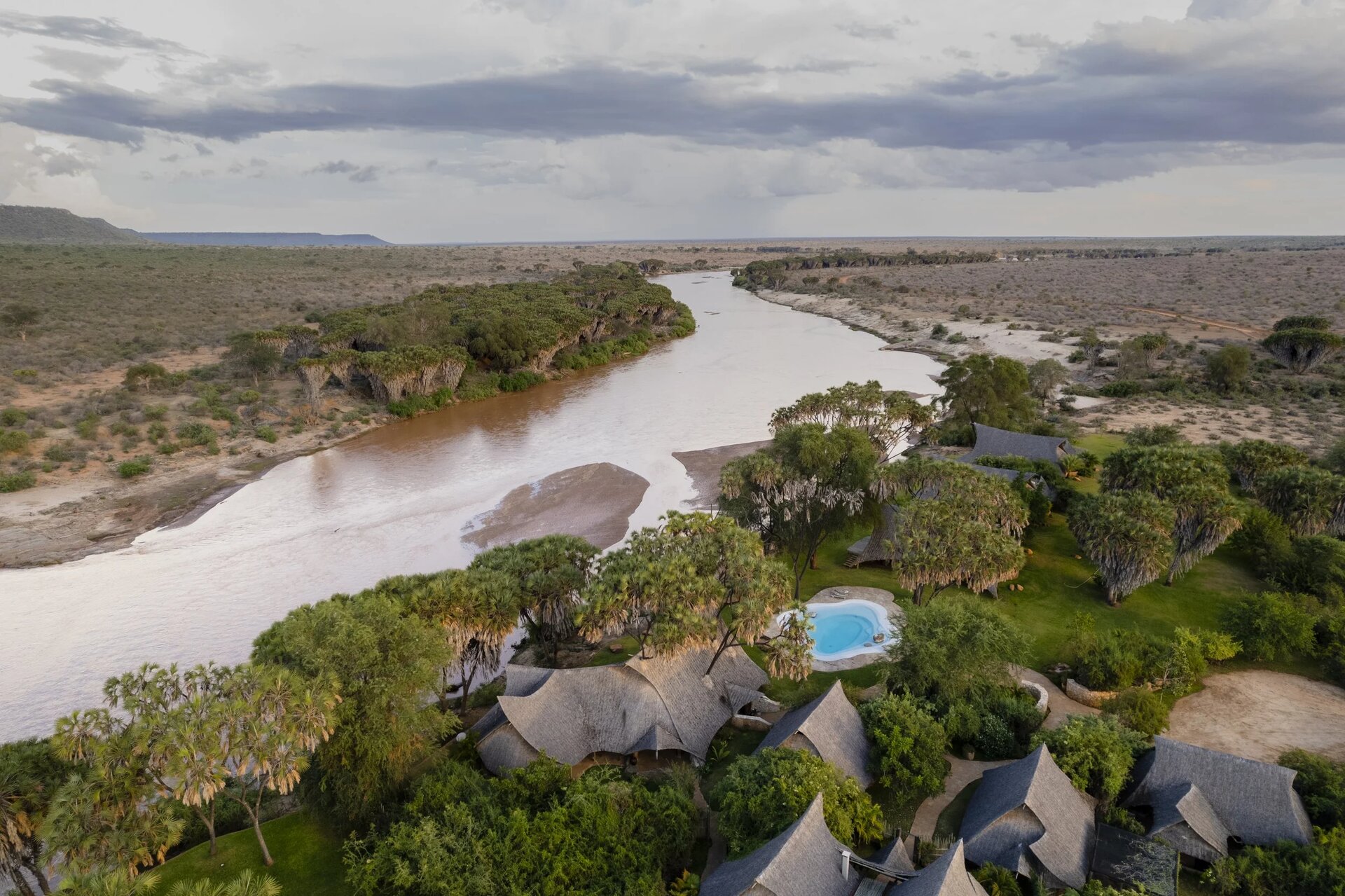 A riverside camp on the palm-lined Galana River in Tsavo East