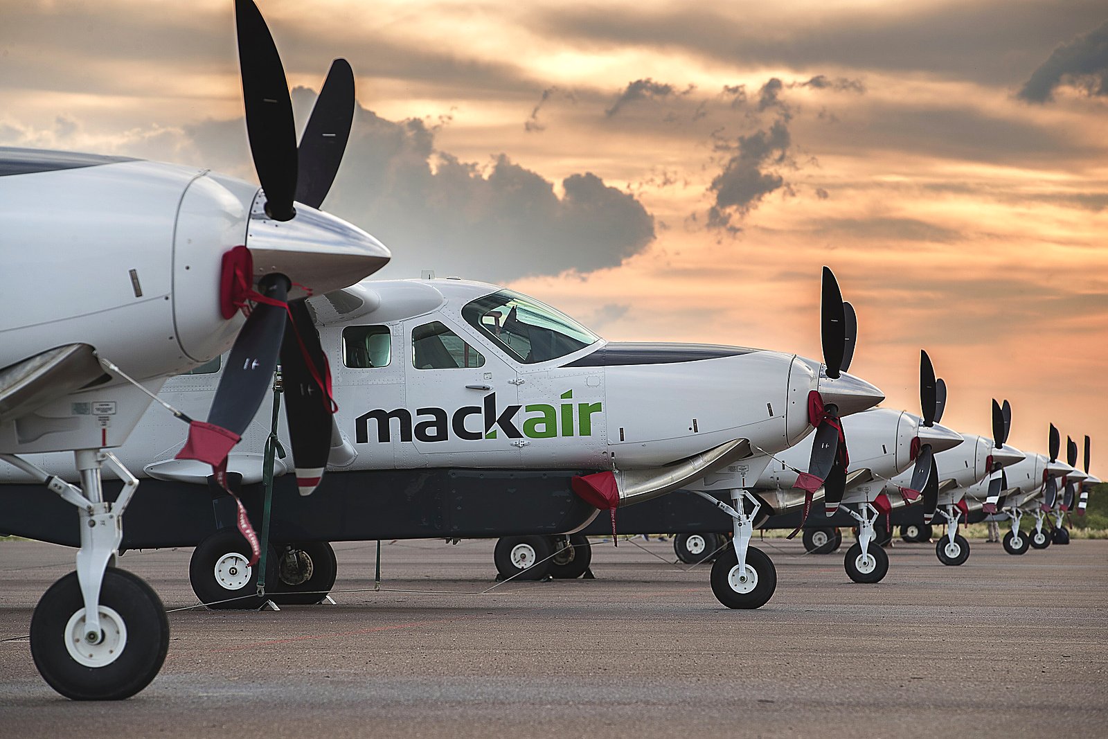 Line of safari light aircraft on a bush airstrip at sunset