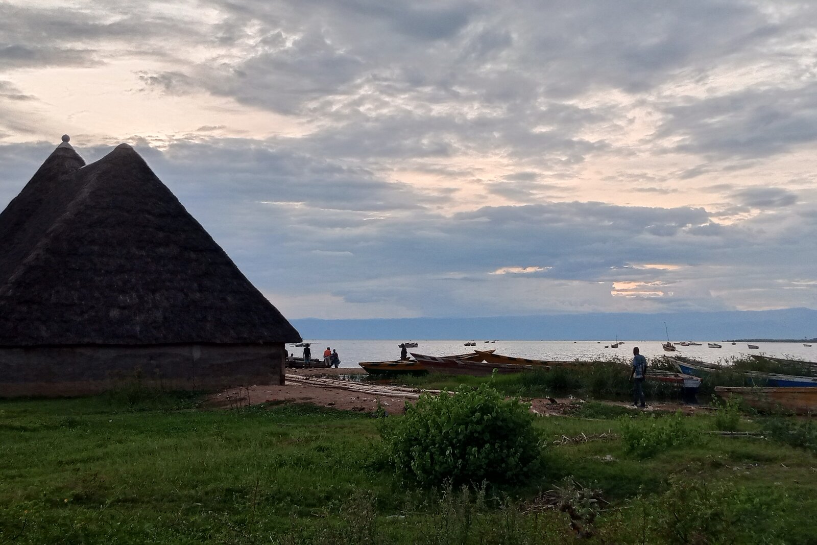 Dusk over a lakeside banda on Lake Tanganyika, Burundi
