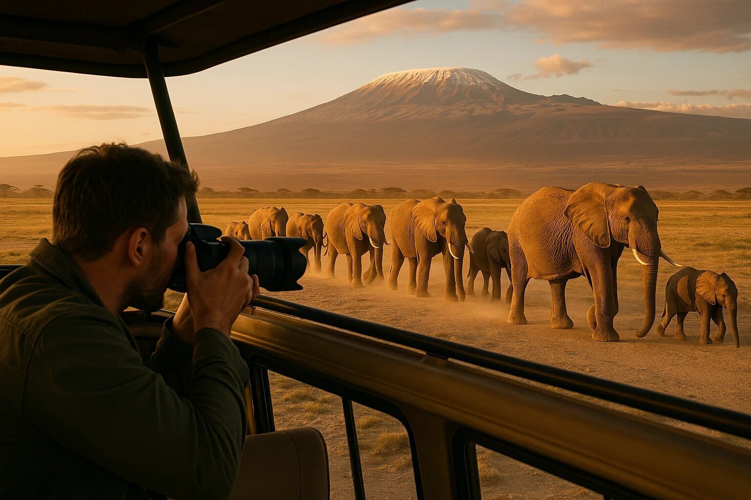 Elephants on the Amboseli plains beneath Mount Kilimanjaro