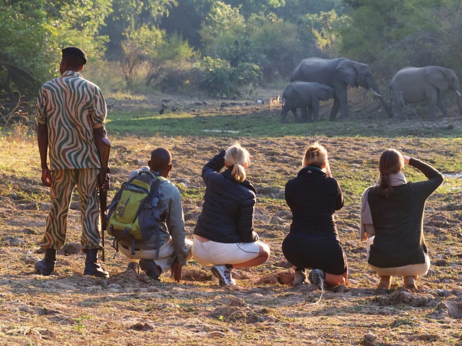 Walking safari in Zambia bush, guide with rifle