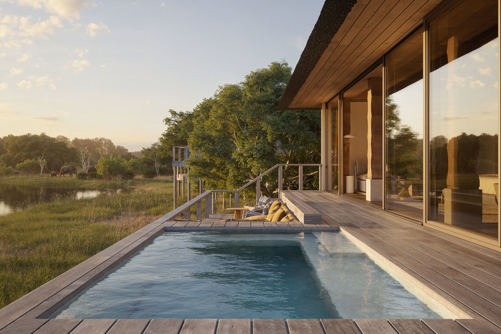 Safari Lodge suite with private plunge pool and timber deck overlooking the plains