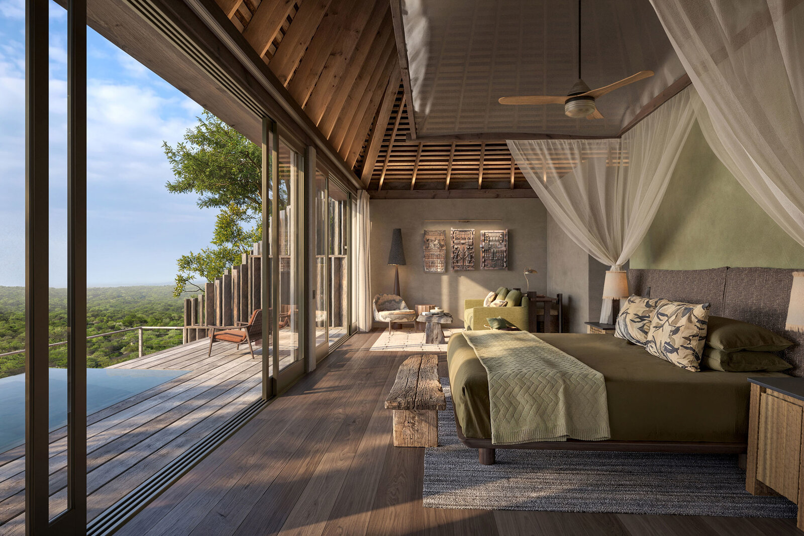 Rock Lodge suite interior with floor-to-ceiling glass, draped bed and sweeping bush views