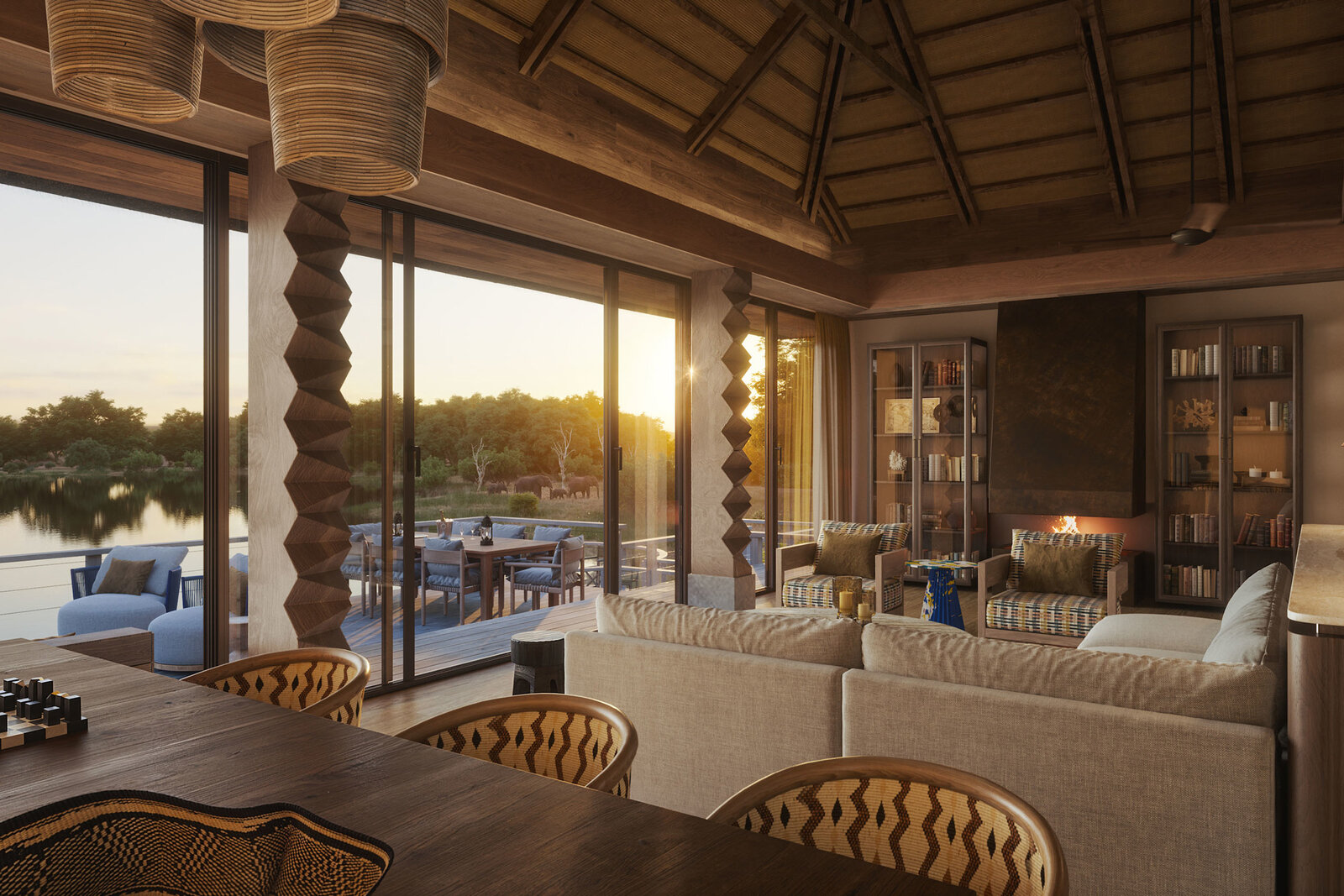 Main lodge lounge with dramatic timber columns, African art and sunset views