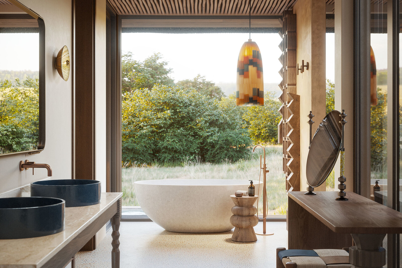 Freestanding copper bathtub with bush views and African sculpture