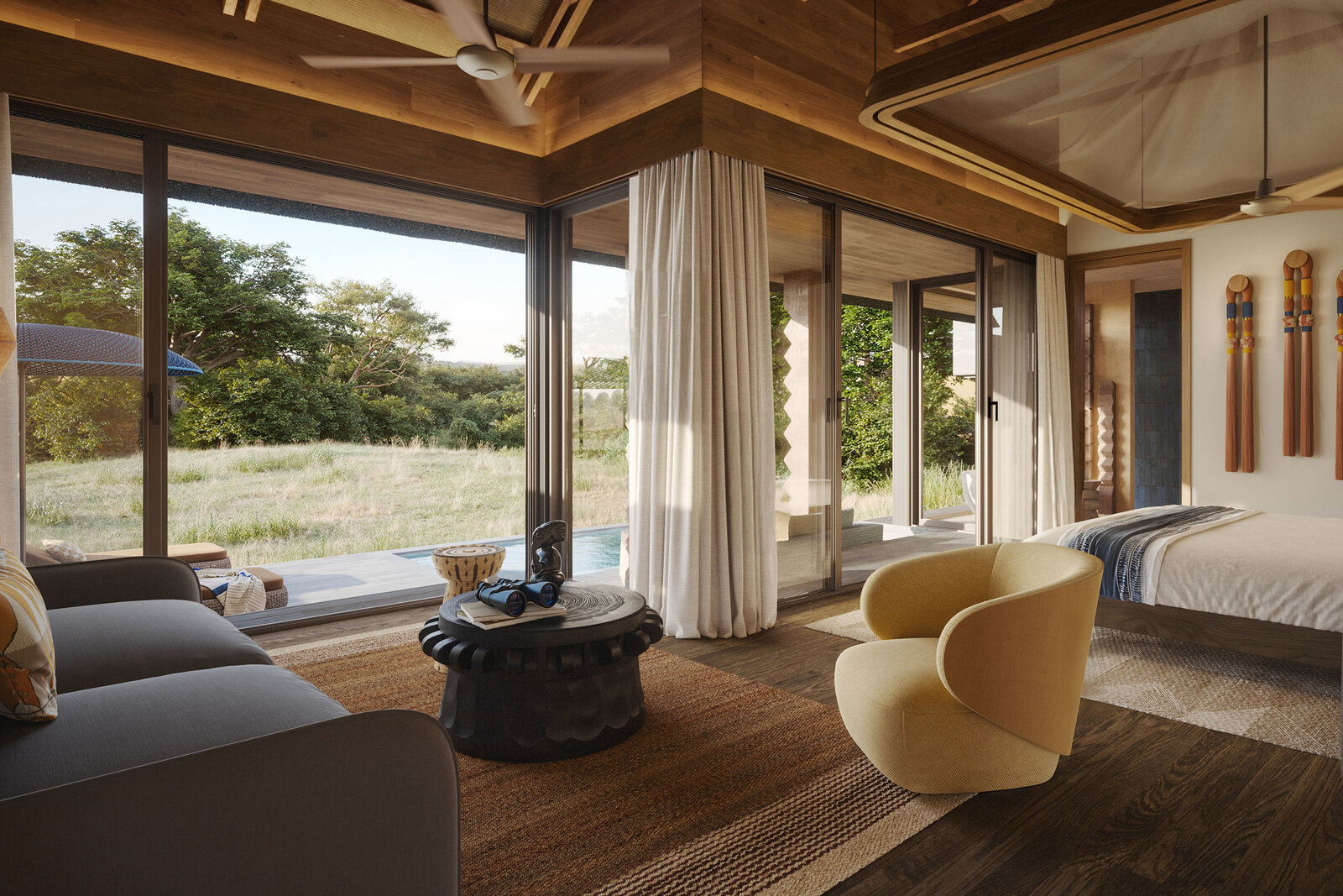 Safari Lodge Elephant Suite interior with floor-to-ceiling windows and bush views