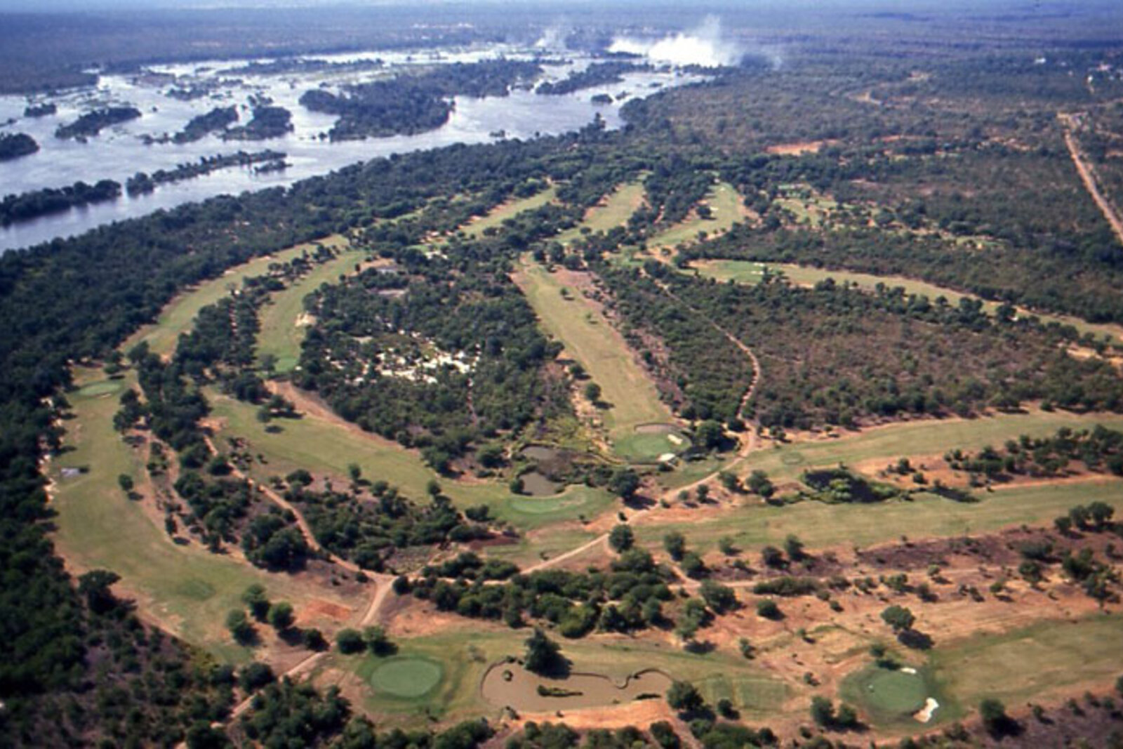 Aerial view of the Elephant Hills resort and golf course above the Zambezi at Victoria Falls