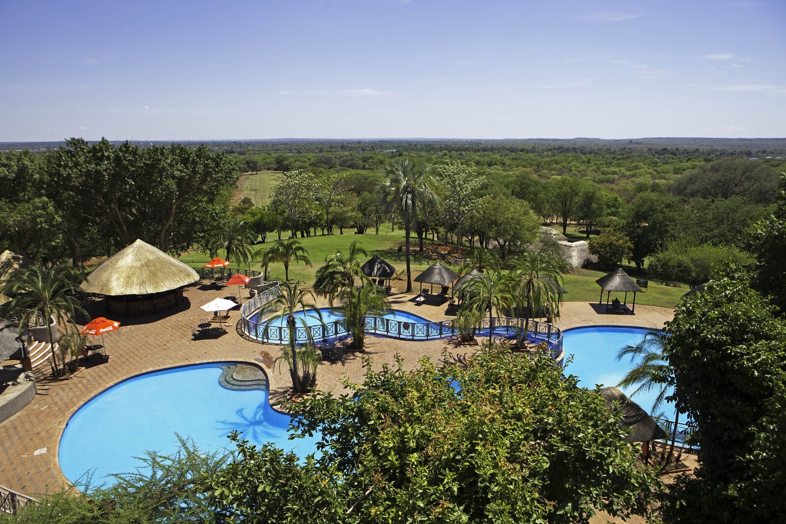 Aerial view of the Elephant Hills resort and golf course at Victoria Falls