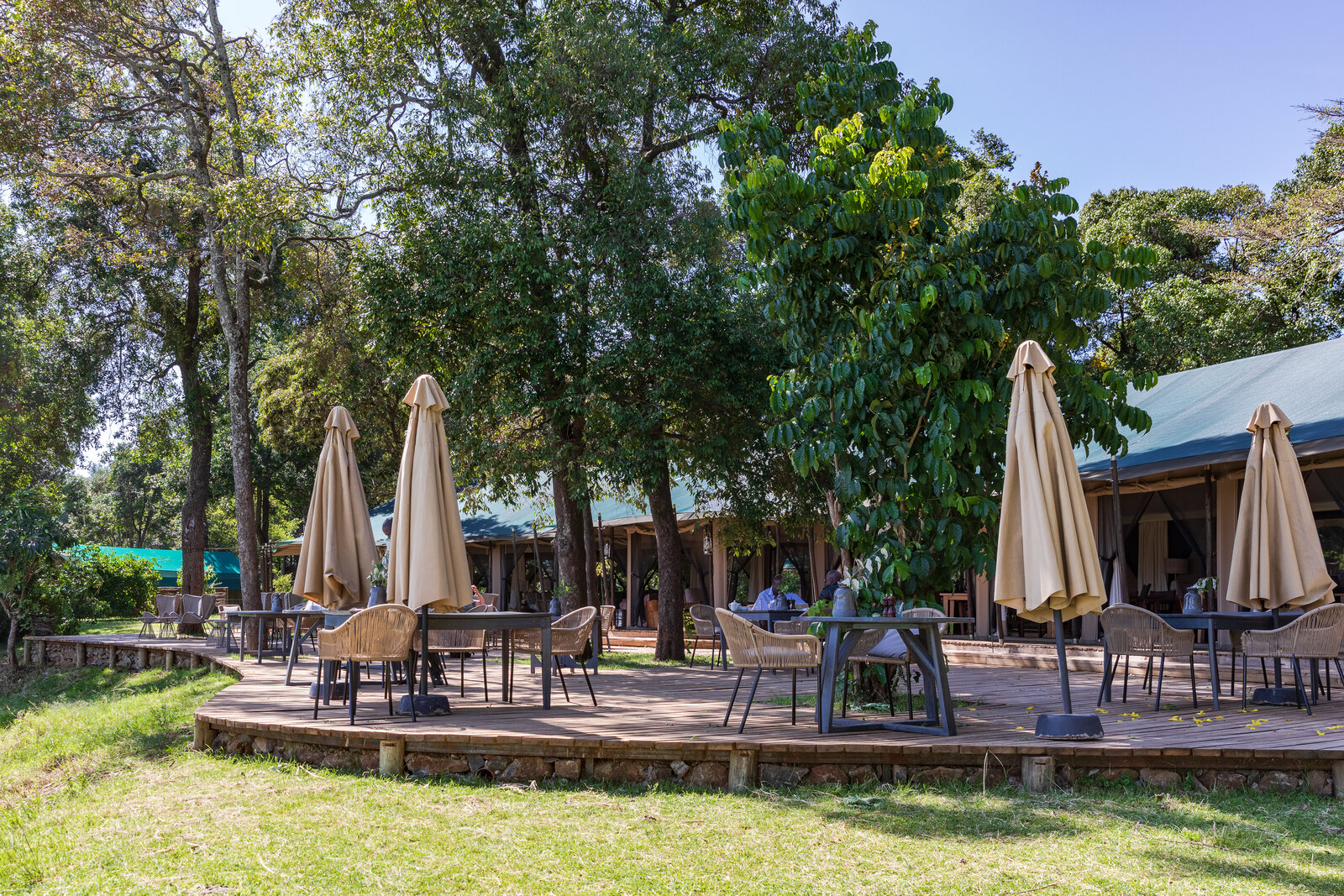 A shaded deck laid for a safari lunch overlooking the landscape