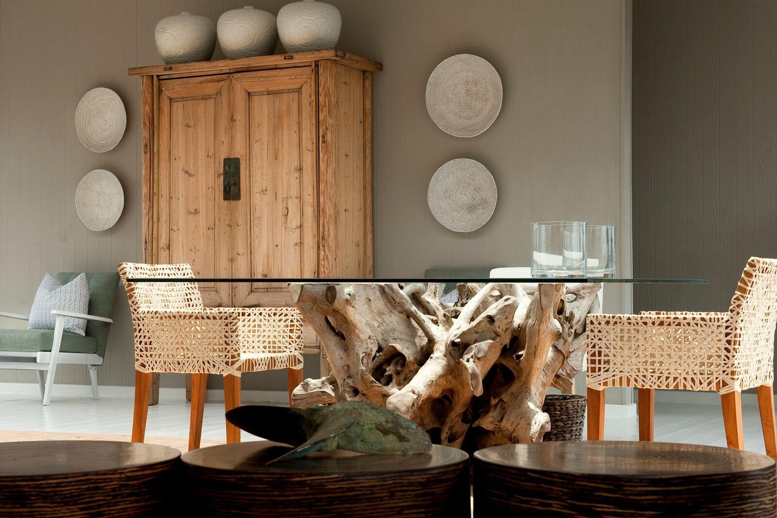 The driftwood-toned dining room open to the sea at White Pearl Ponta Mamoli, southern Mozambique