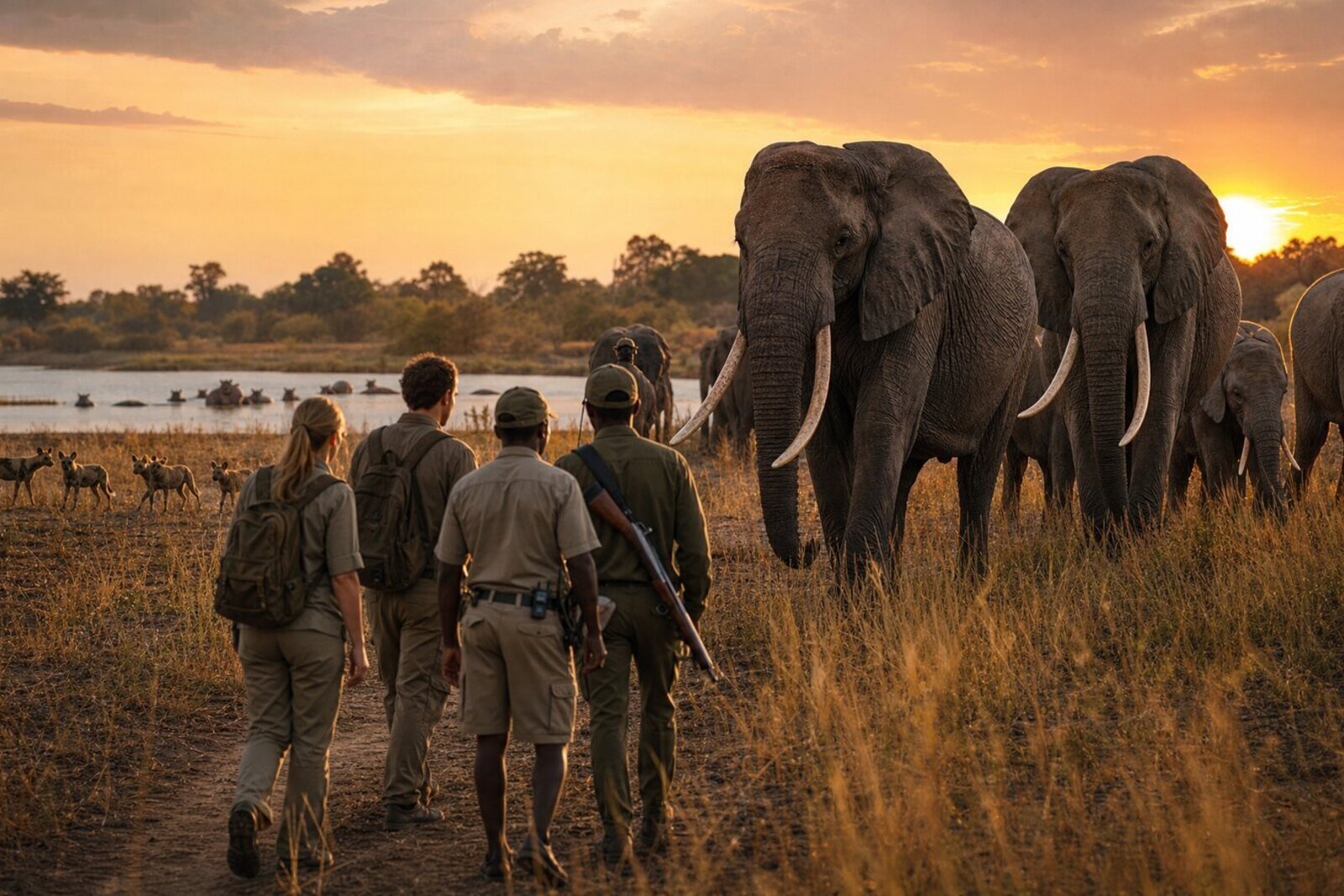 Guests on a walking safari watching elephants at sunset by the Luangwa River