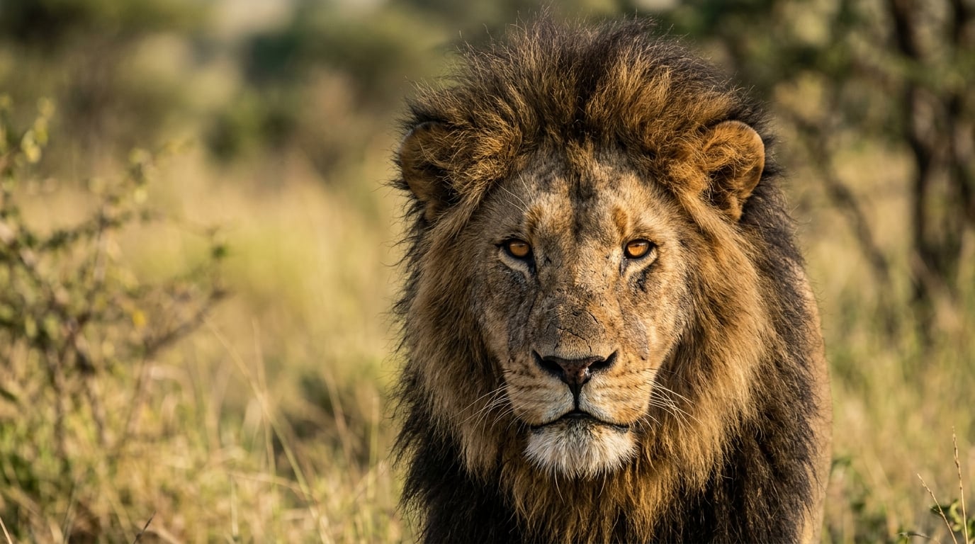 A male lion with a full mane surveying his territory in golden morning light on safari