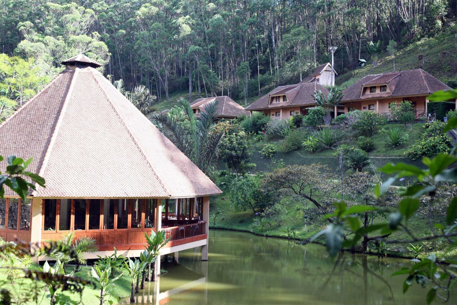 Timber-and-thatch room interior at Vakona Forest Lodge, Andasibe