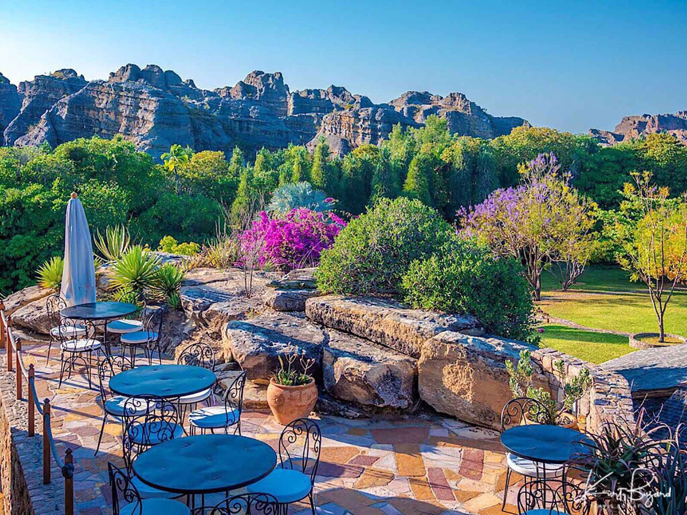 Garden terrace and pool at Le Relais de la Reine near Isalo National Park