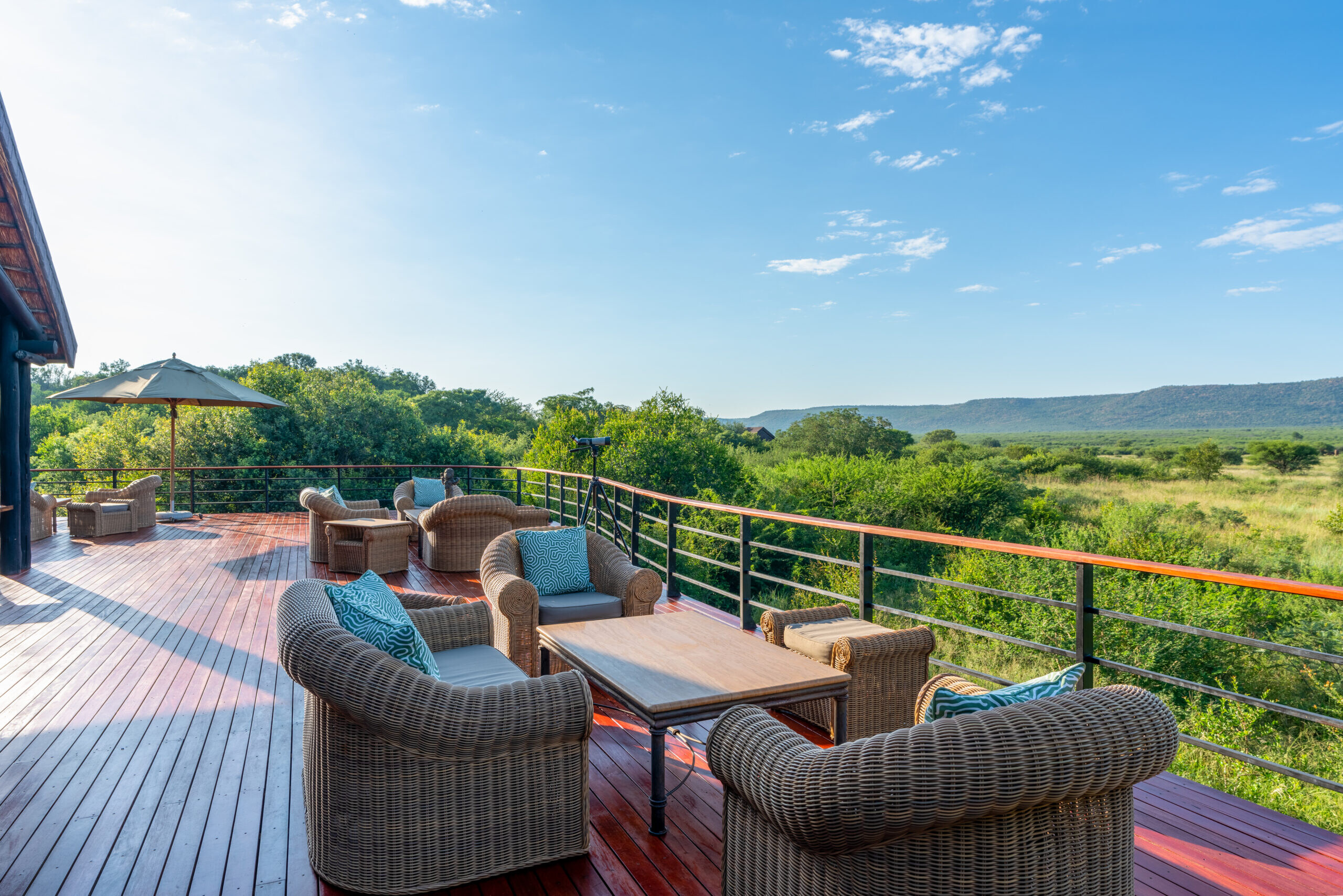 The main lodge deck at Mateya Safari Lodge, built into the rocky outcrop of the Gabbro hills with sweeping views over the malaria-free Madikwe Game Reserve