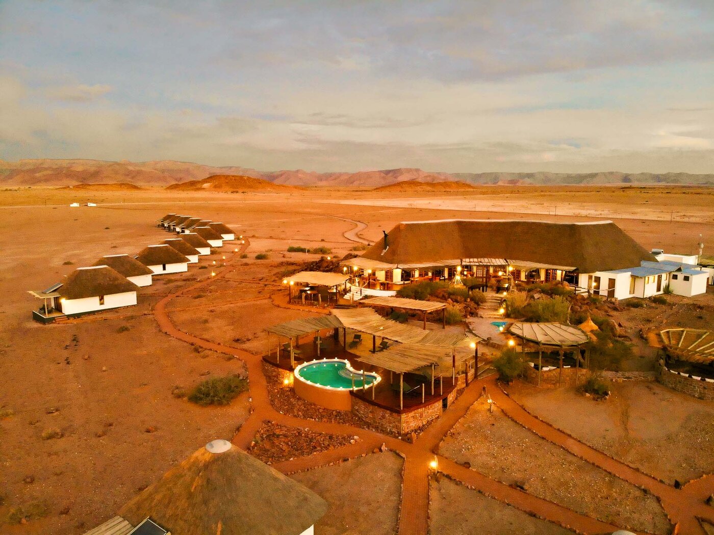 Aerial view of Desert Homestead Lodge on its private reserve near Sossusvlei, Namibia
