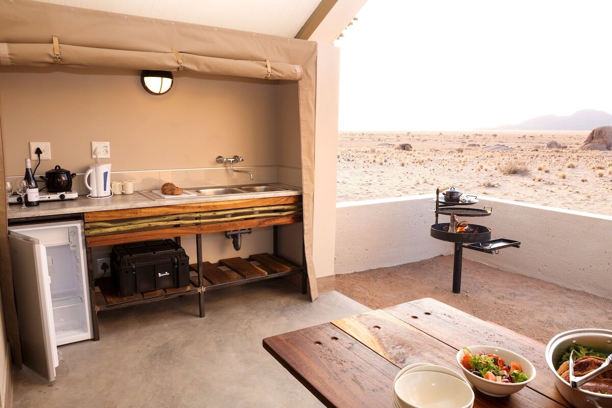 Interior of a self-catering unit at Desert Quiver Camp, Sesriem