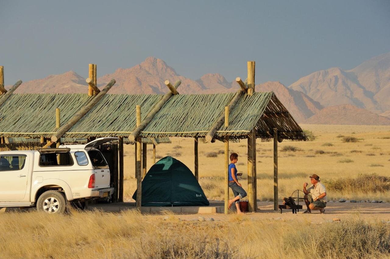 Shaded campsite pitches at Sossus Oasis Campsite in Sesriem, gateway to Sossusvlei, Namibia