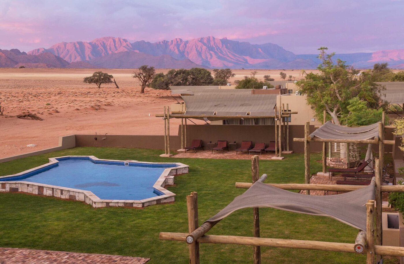 Pool deck and lounge area at Sossusvlei Lodge, Sesriem