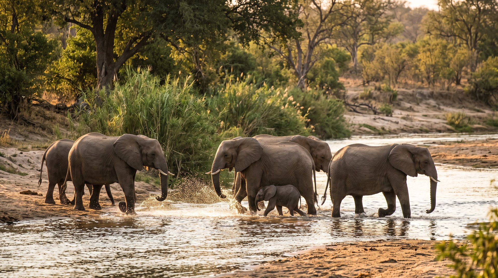 An elephant herd wading across the shallow Sand River at golden hour in the lowveld, the river that links Kruger National Park and the Sabi Sand on a 5-day luxury safari
