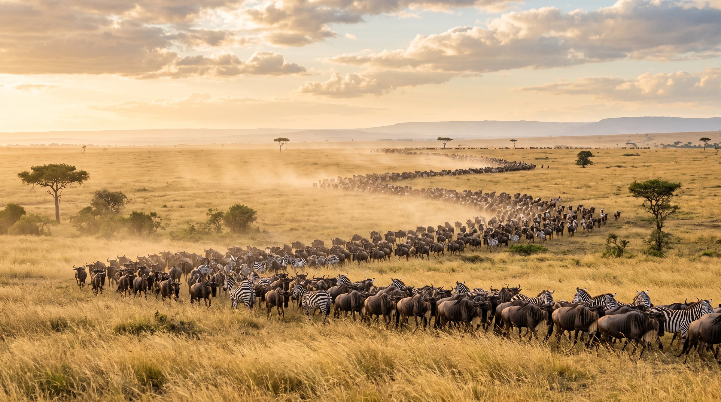Wildebeest and zebra streaming across the golden plains of the Serengeti, the wildlife highlight of a 5-day Serengeti migration safari itinerary