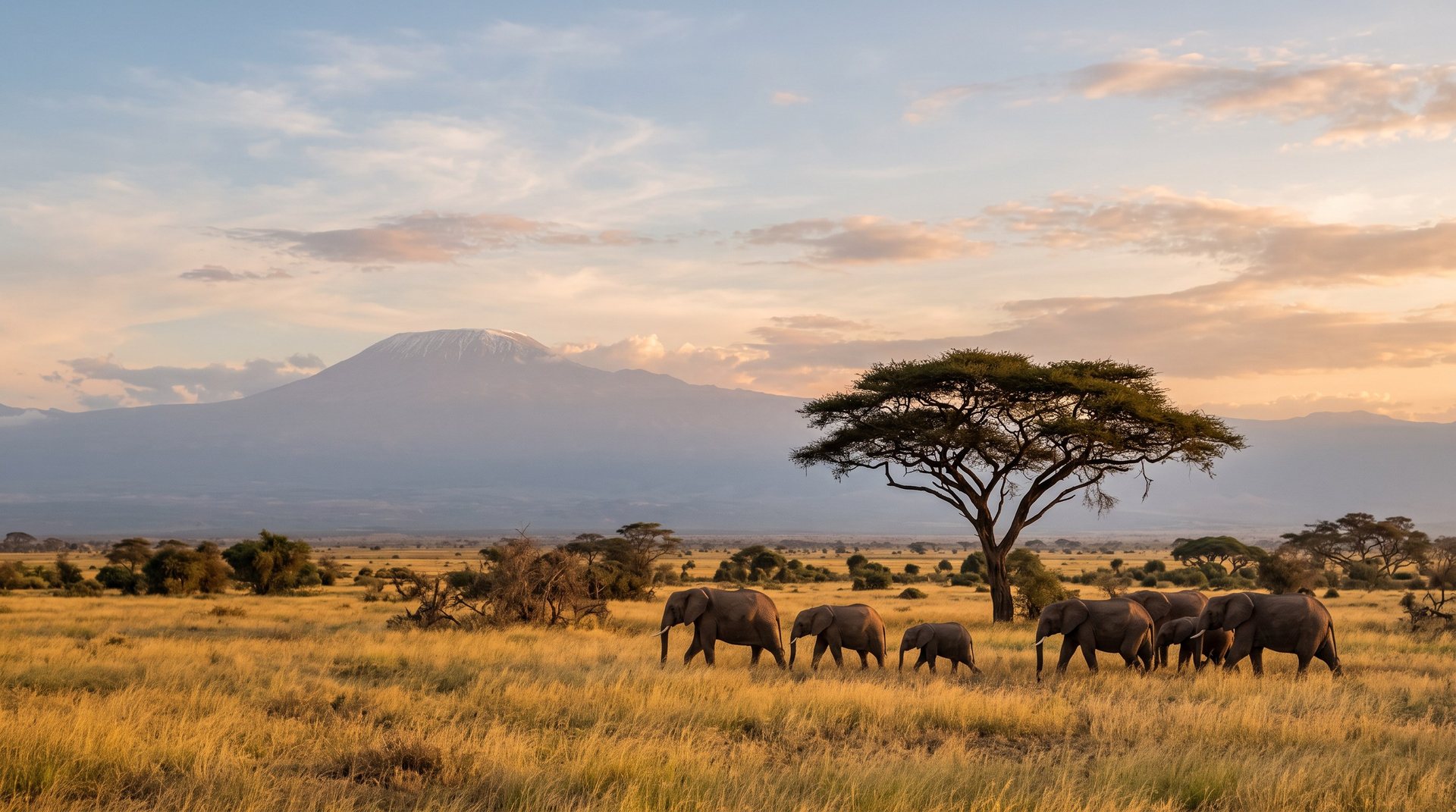 A family of elephants walking beneath a flat-topped acacia at golden hour with snow-capped Kilimanjaro on the horizon, the cover image of Africa, As We Know Her