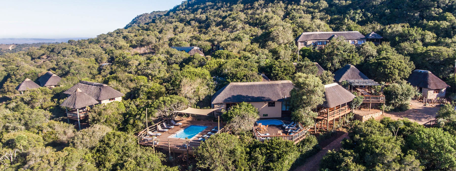Aerial drone view of Woodbury Lodge at Amakhala Game Reserve overlooking the Eastern Cape wilderness