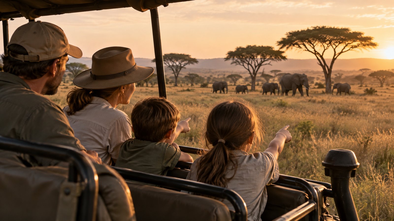 A family of four on an open 4x4 in the Masai Mara at golden hour, two children pointing at an elephant herd while the guide watches from the wheel