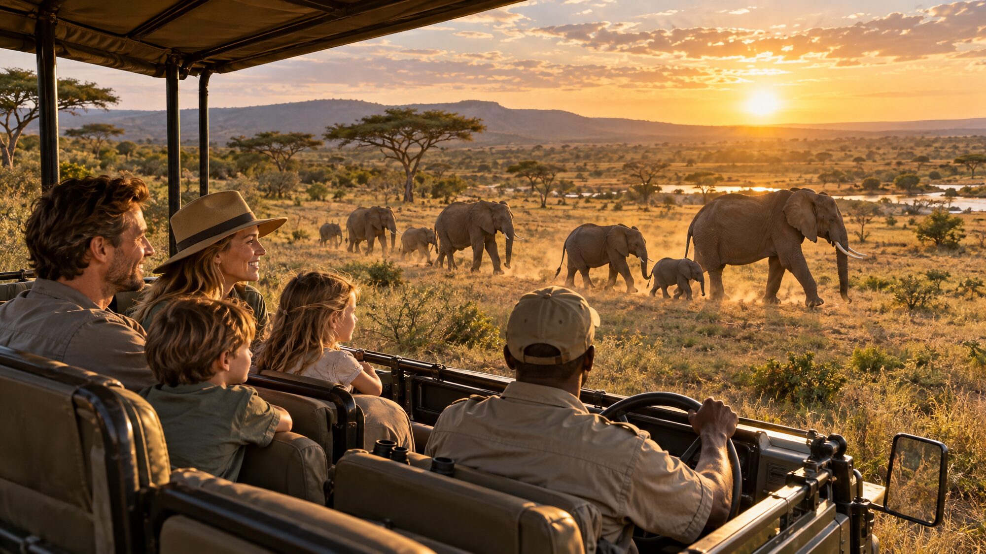 A family of four on an open game-drive vehicle in golden-hour South African bushveld watching an elephant herd with a calf, guide in khaki at the wheel