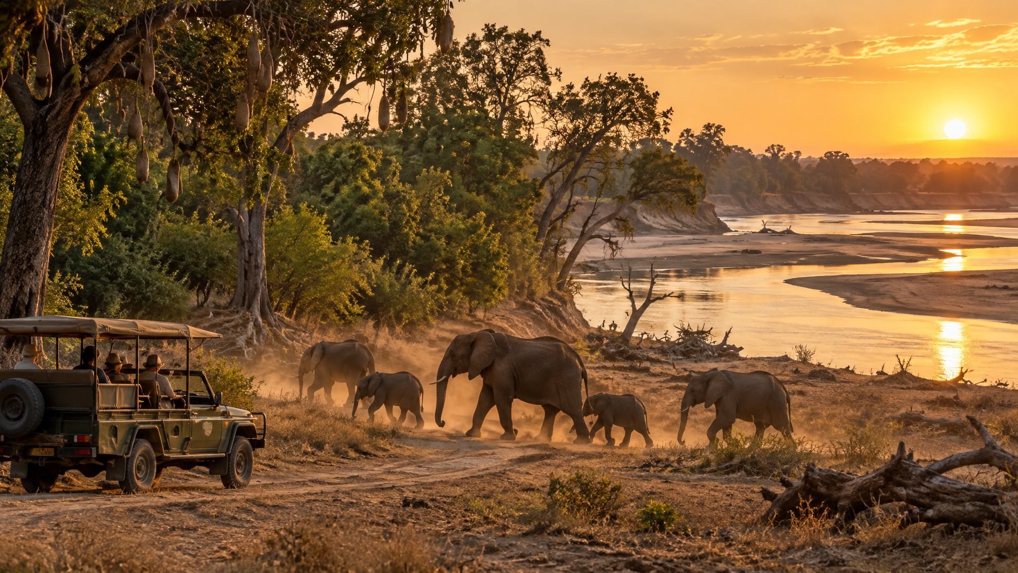 A family watching a leopard from an open game vehicle in South Luangwa, Zambia, on a guided family safari