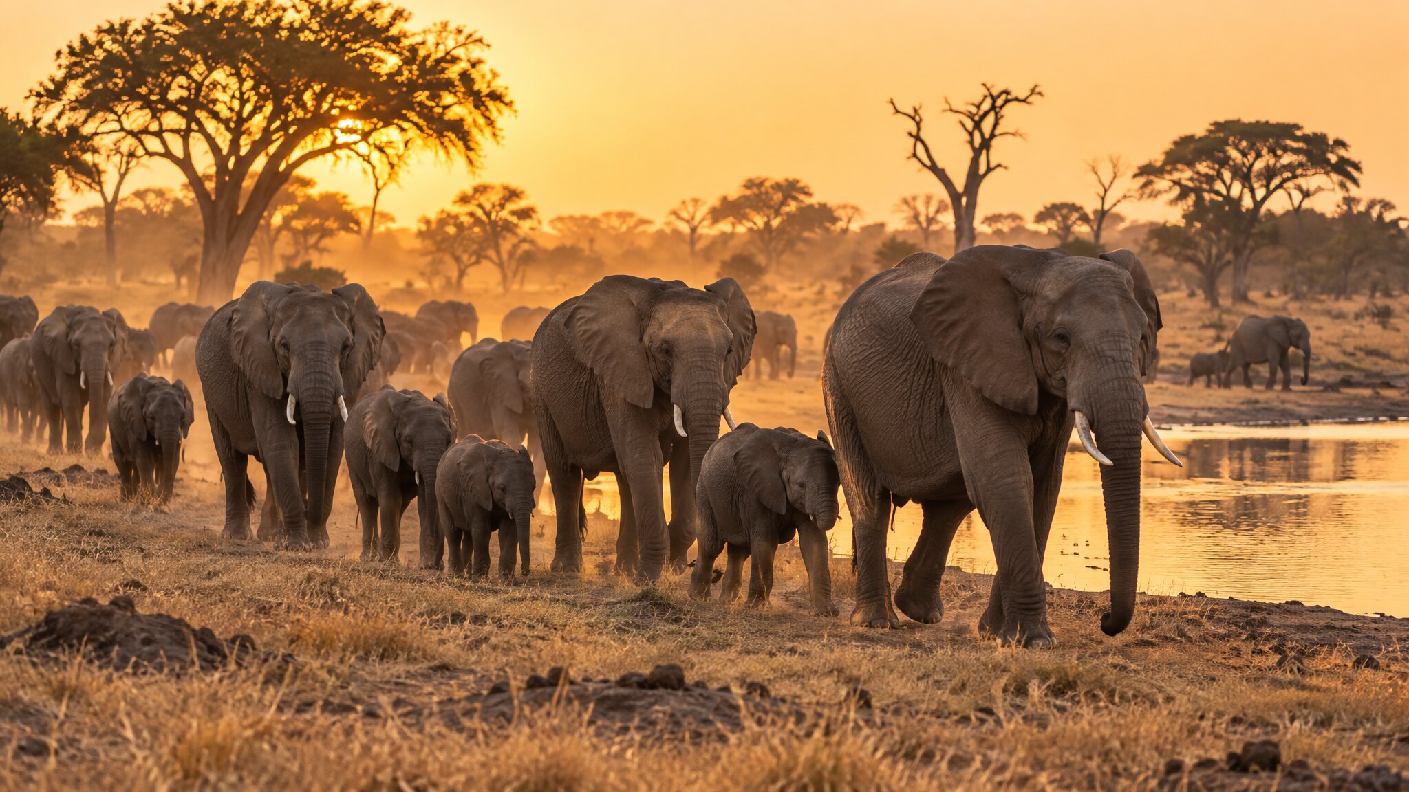 A large herd of elephants with calves walking towards a waterhole in Hwange National Park at golden hour with acacia trees behind them
