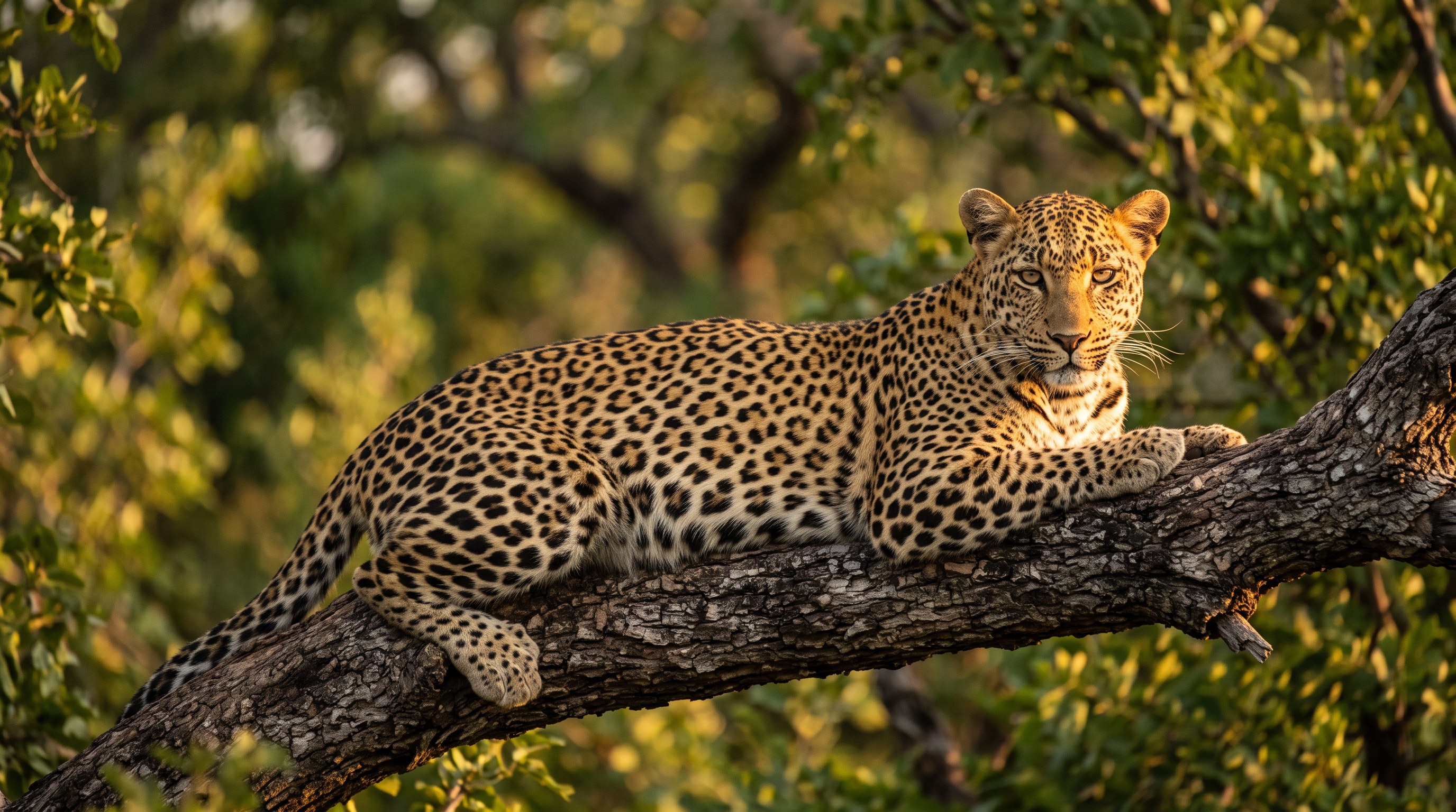 A leopard resting on a marula tree branch at golden hour in a South African private game reserve — the country holds the finest and most varied collection of game reserves in Africa