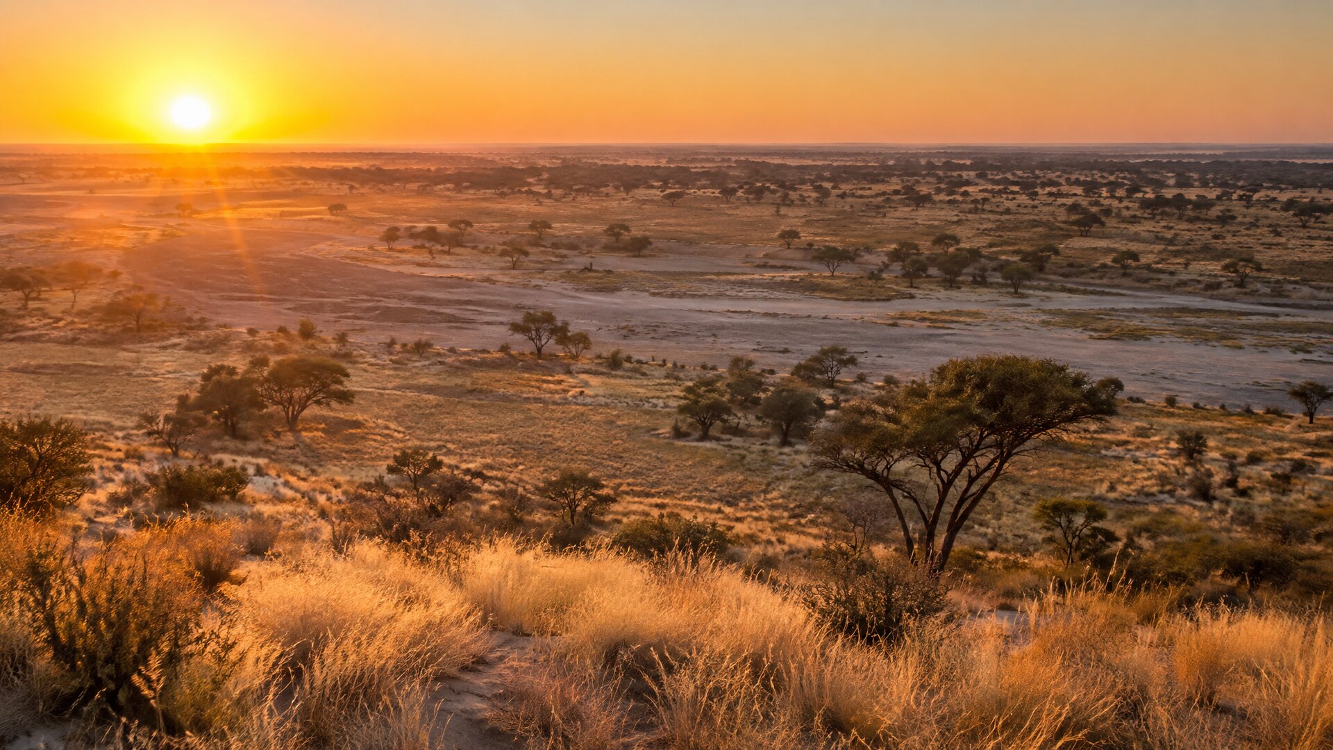 Golden grass plains and fossil dunes of the Central Kalahari at sunrise, long shadows across the open desert
