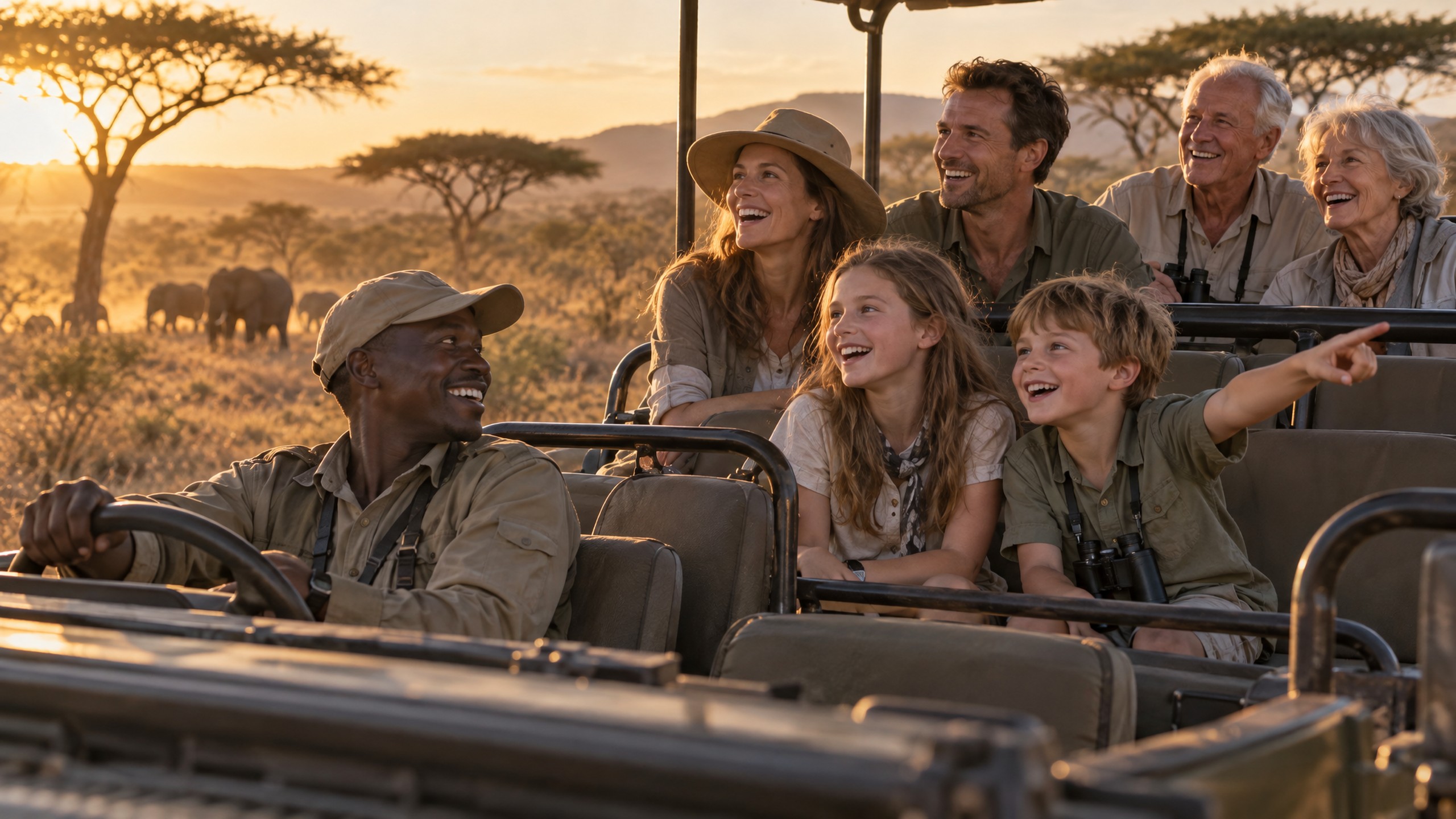 A family on a private game vehicle watching elephants at a luxury safari lodge in Africa