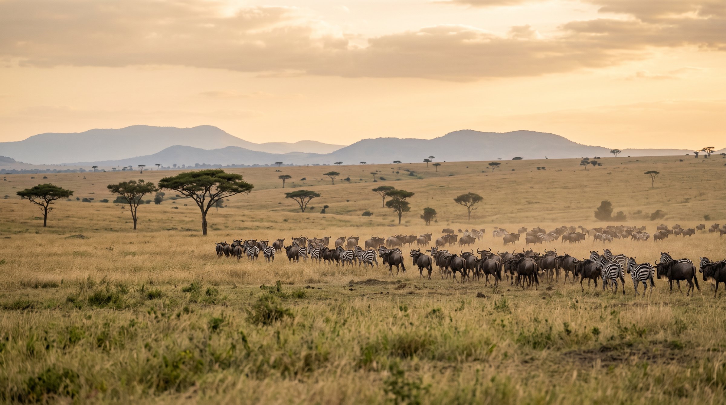 Golden-morning savanna in East Africa with acacia trees and a herd of wildebeest and zebra crossing the open plains.