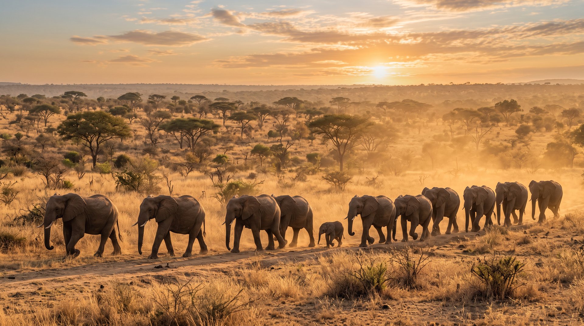An elephant herd walking through golden winter bushveld at sunset in the greater Kruger, the safari half of a combined Kruger and Cape Town trip