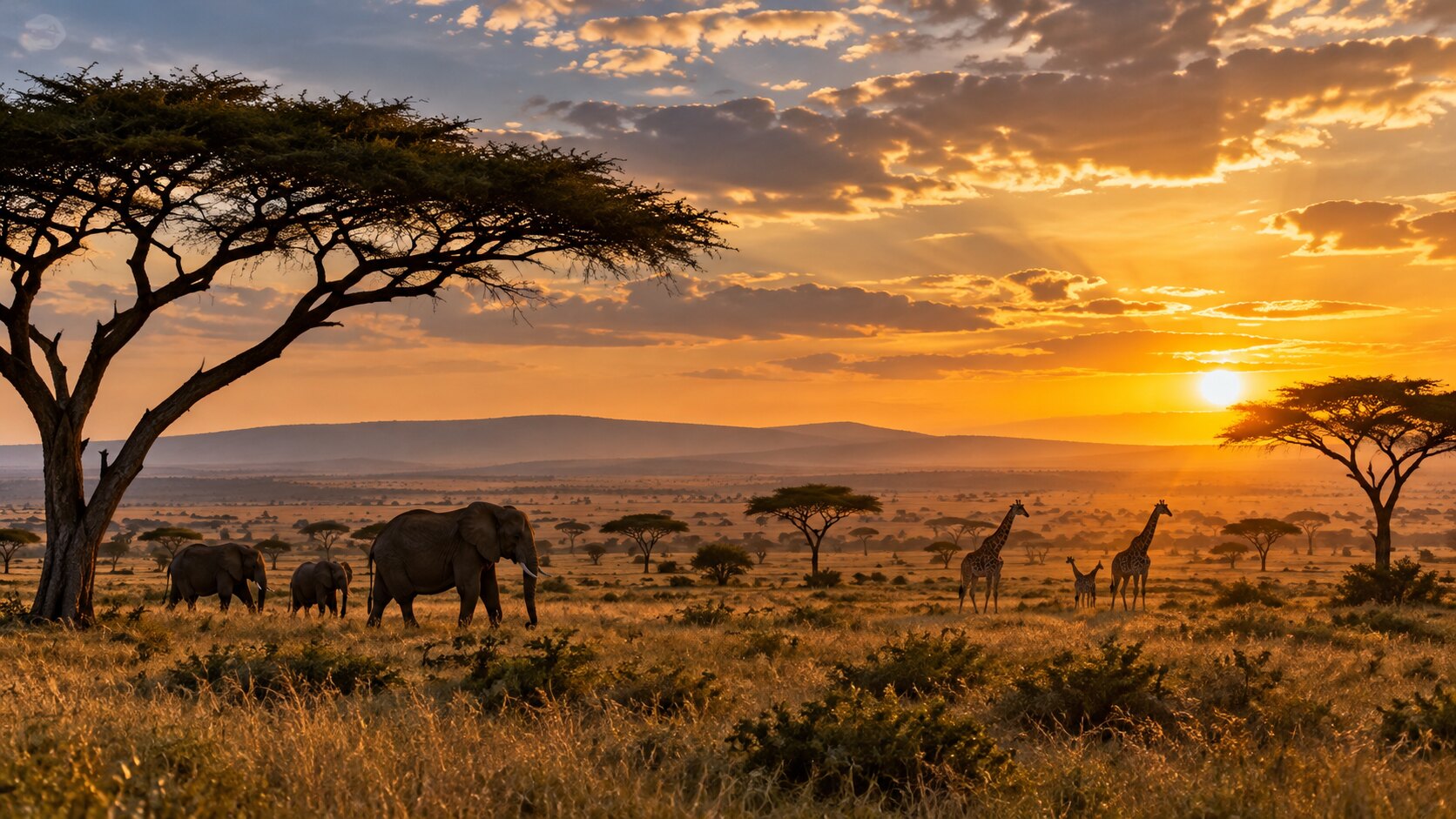 Wildebeest herds streaming across the Serengeti plains under an acacia sky — the best time to visit Tanzania is June to October when the dry season concentrates wildlife and the Mara River crossings peak