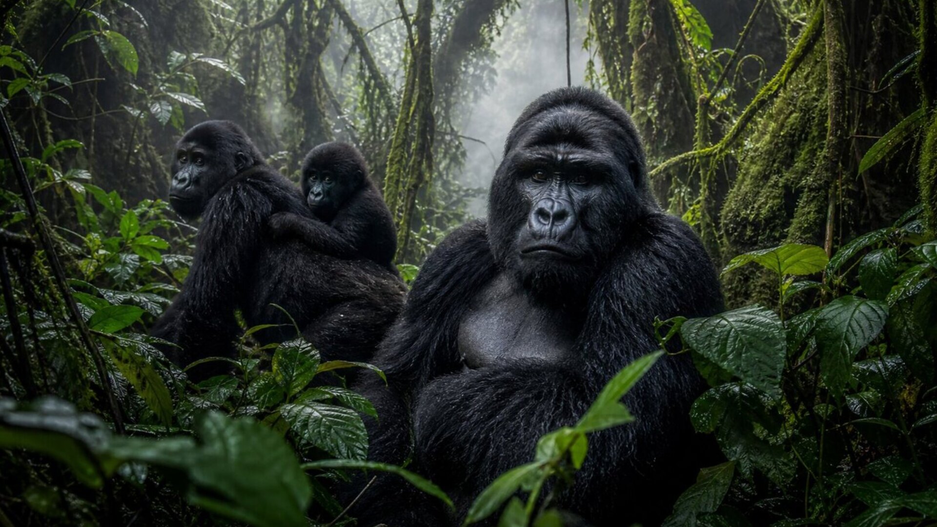 A mountain gorilla in the dense green Bwindi Impenetrable Forest, Uganda
