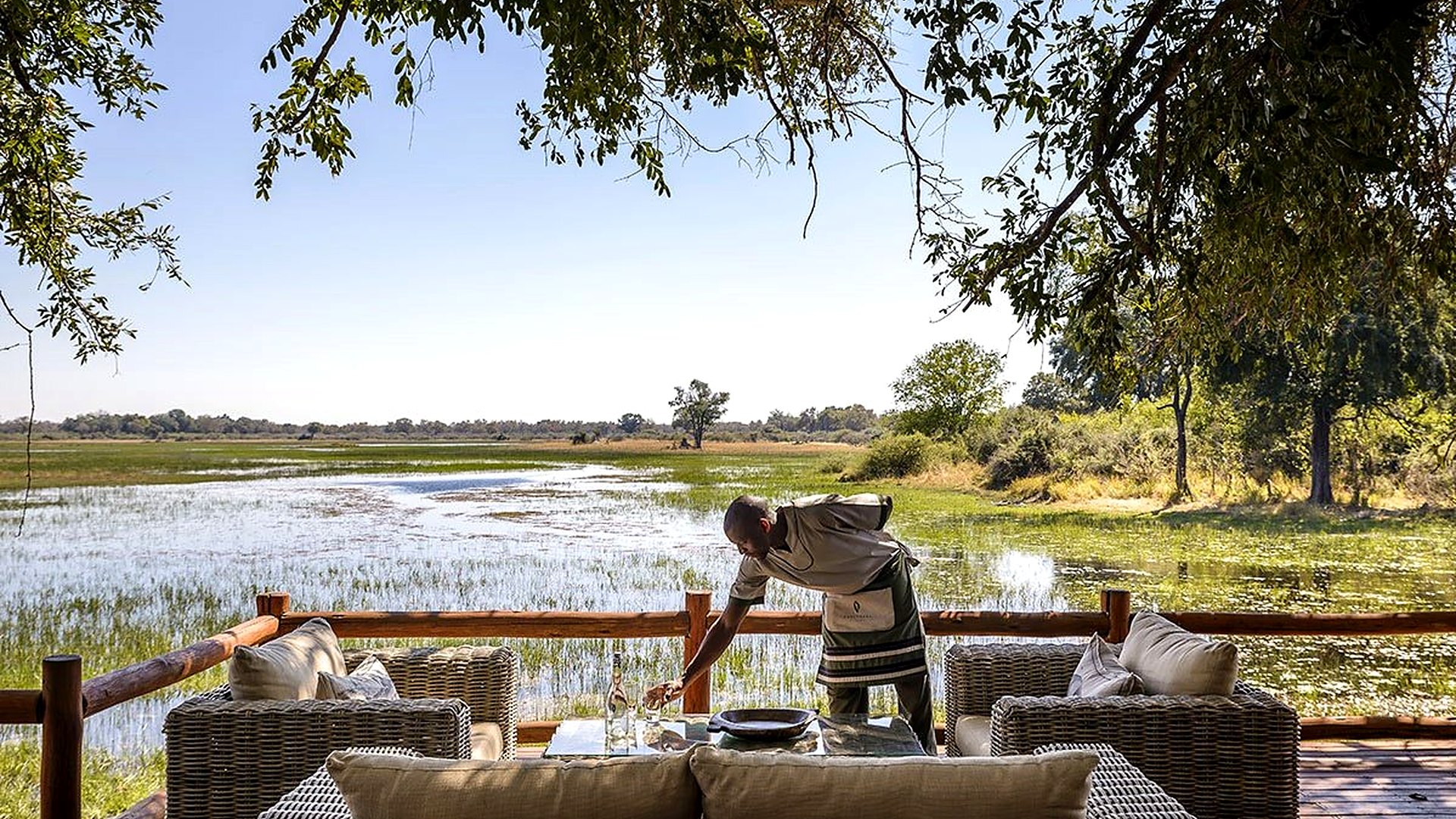 A luxury tented pavilion at Chief's Camp overlooking the Moremi floodplain on Chief's Island