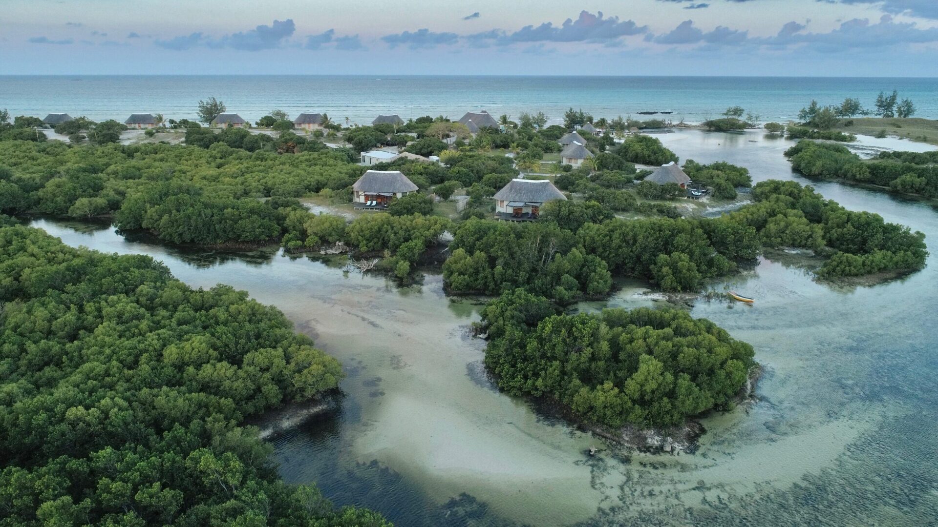 Aerial view of Coral Lodge 15.41 on the Varanda Peninsula, Nampula Province — ten Edward van Vliet villas where the Indian Ocean meets the mangroves, near UNESCO Ilha de Moçambique