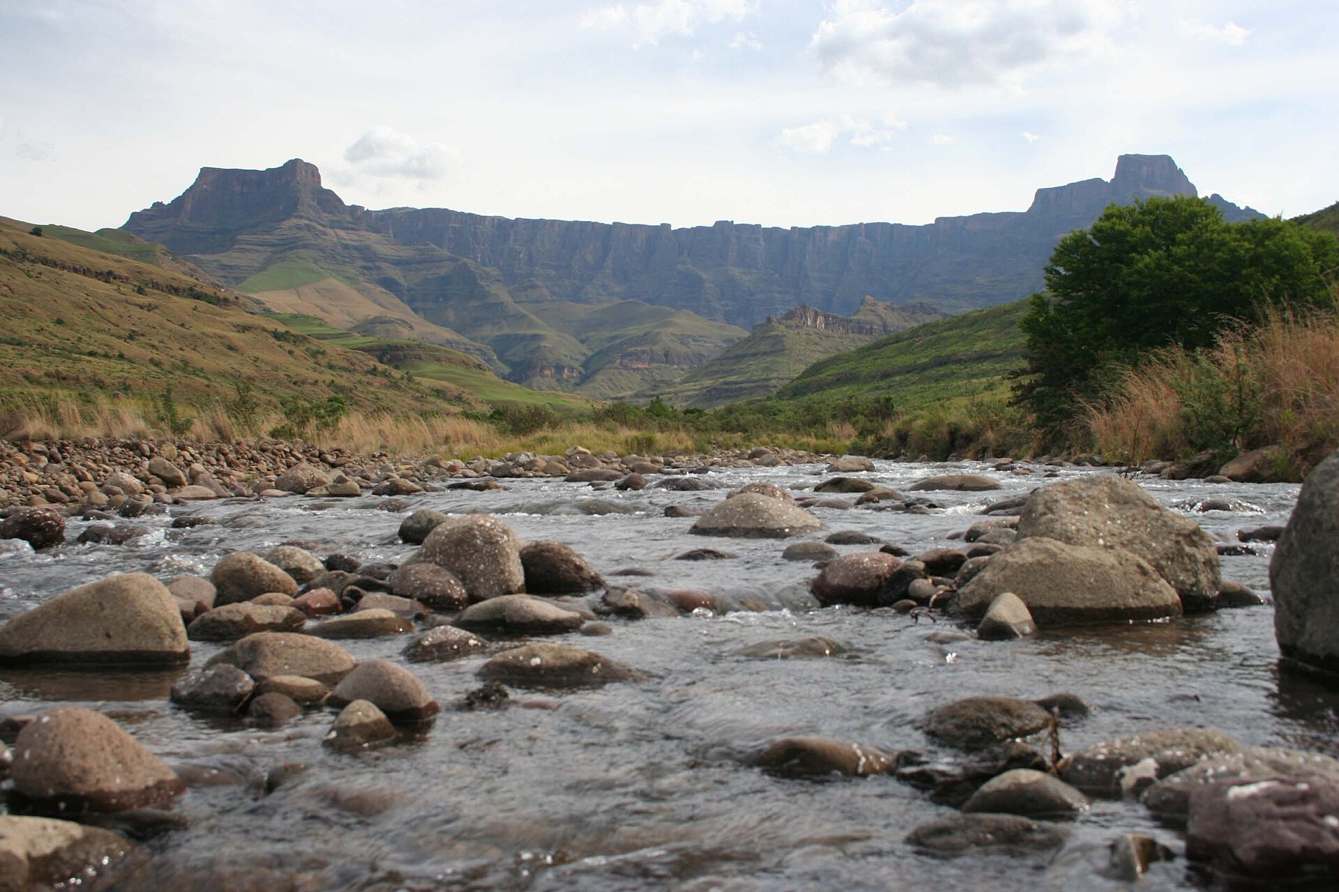 Drakensberg Amphitheatre mountains with rocky stream
