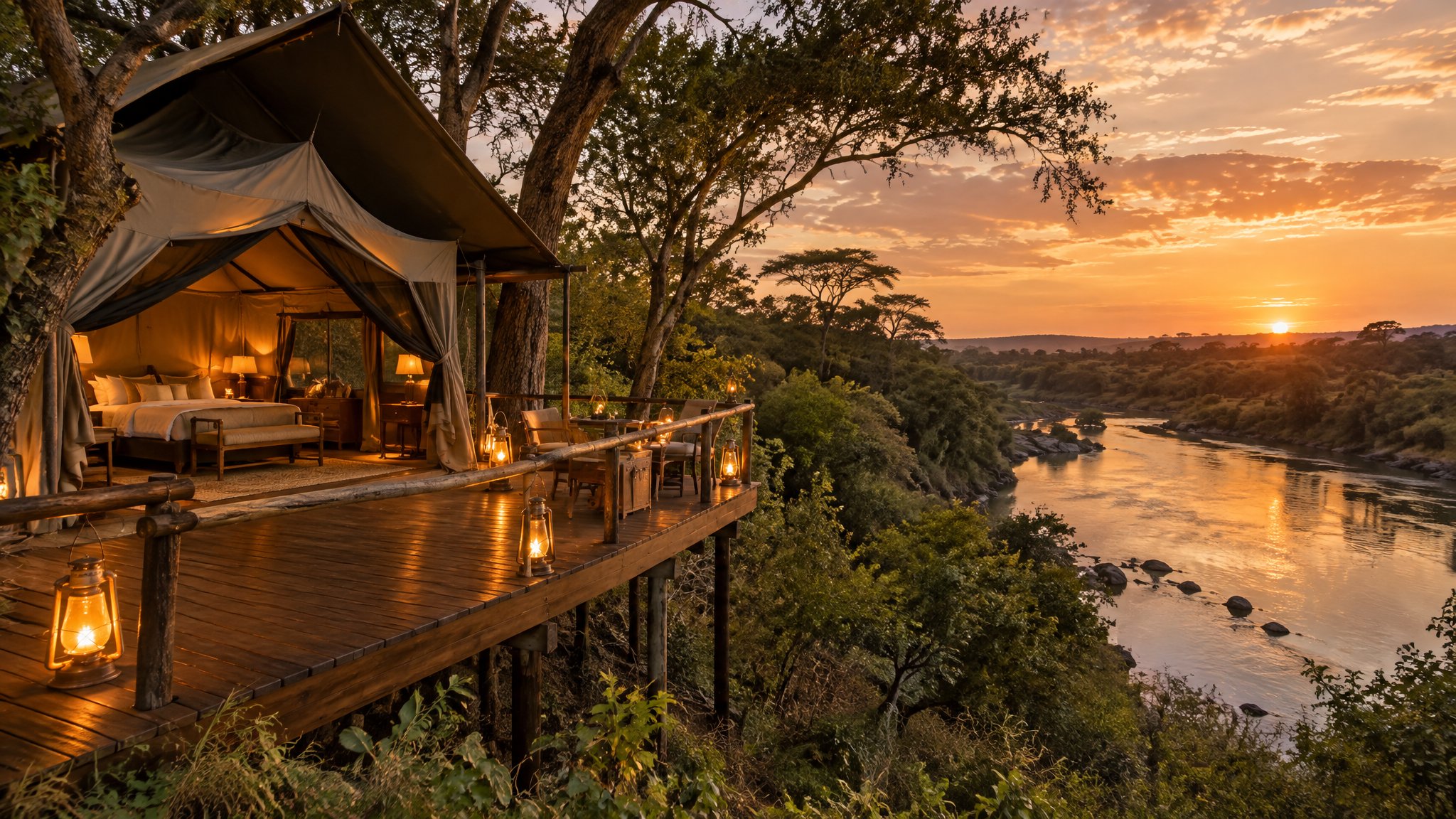 Tented suite on a timber deck above the Talek River at Emboo River at golden hour