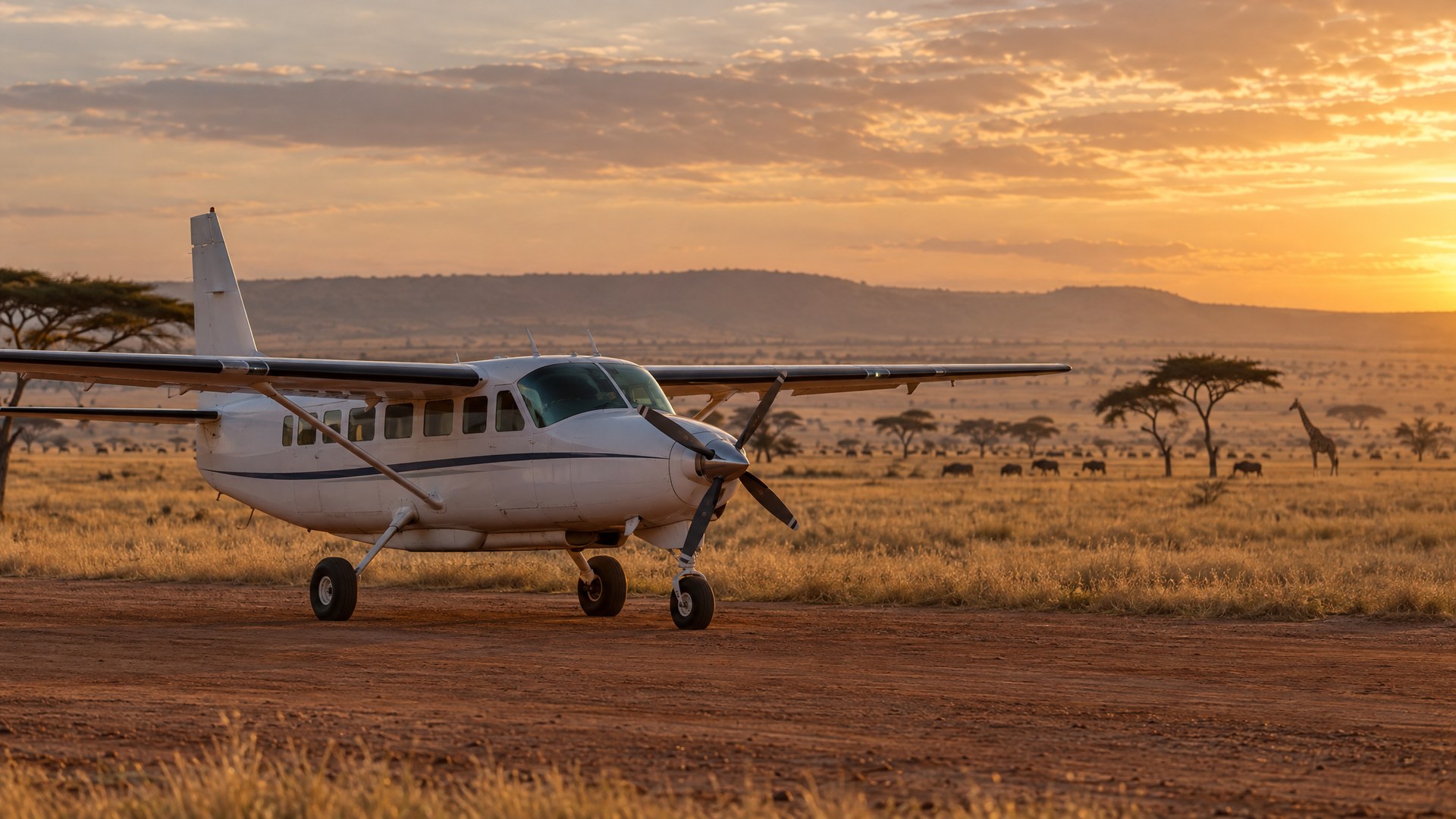 A small white safari bush plane parked on a dirt airstrip on the open Serengeti plains at golden hour, with acacia trees and wildlife on the horizon