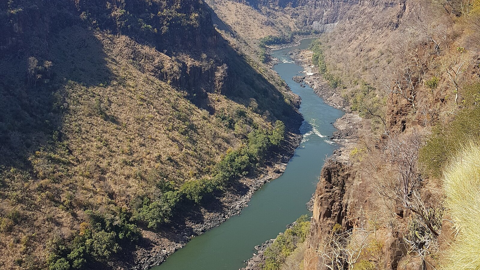 The Zambezi River seen from the rim at Gorges Lodge, two hundred metres below the clifftop chalets