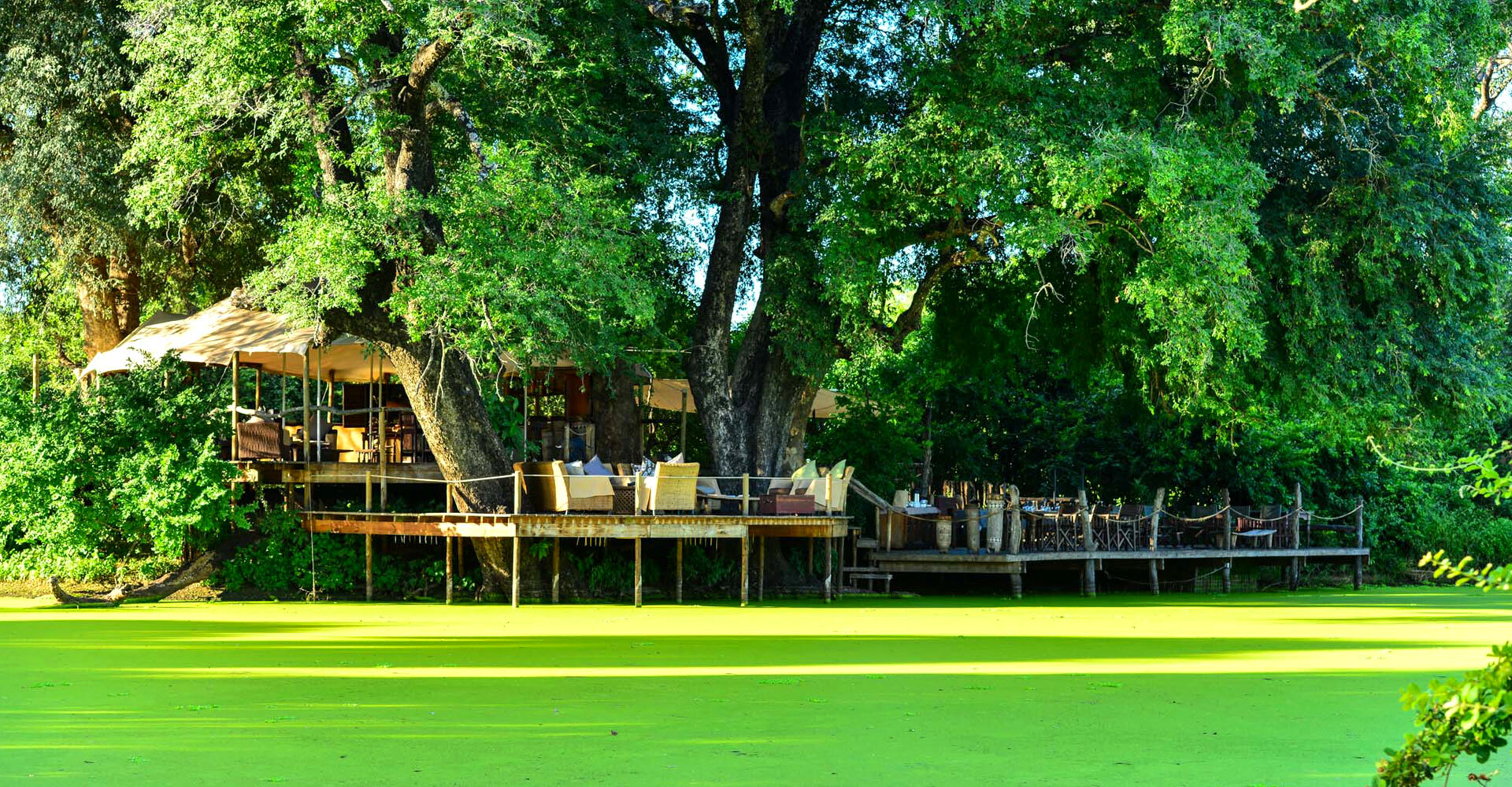 Kanga Camp main deck overlooking the Kanga Pan waterhole, Mana Pools