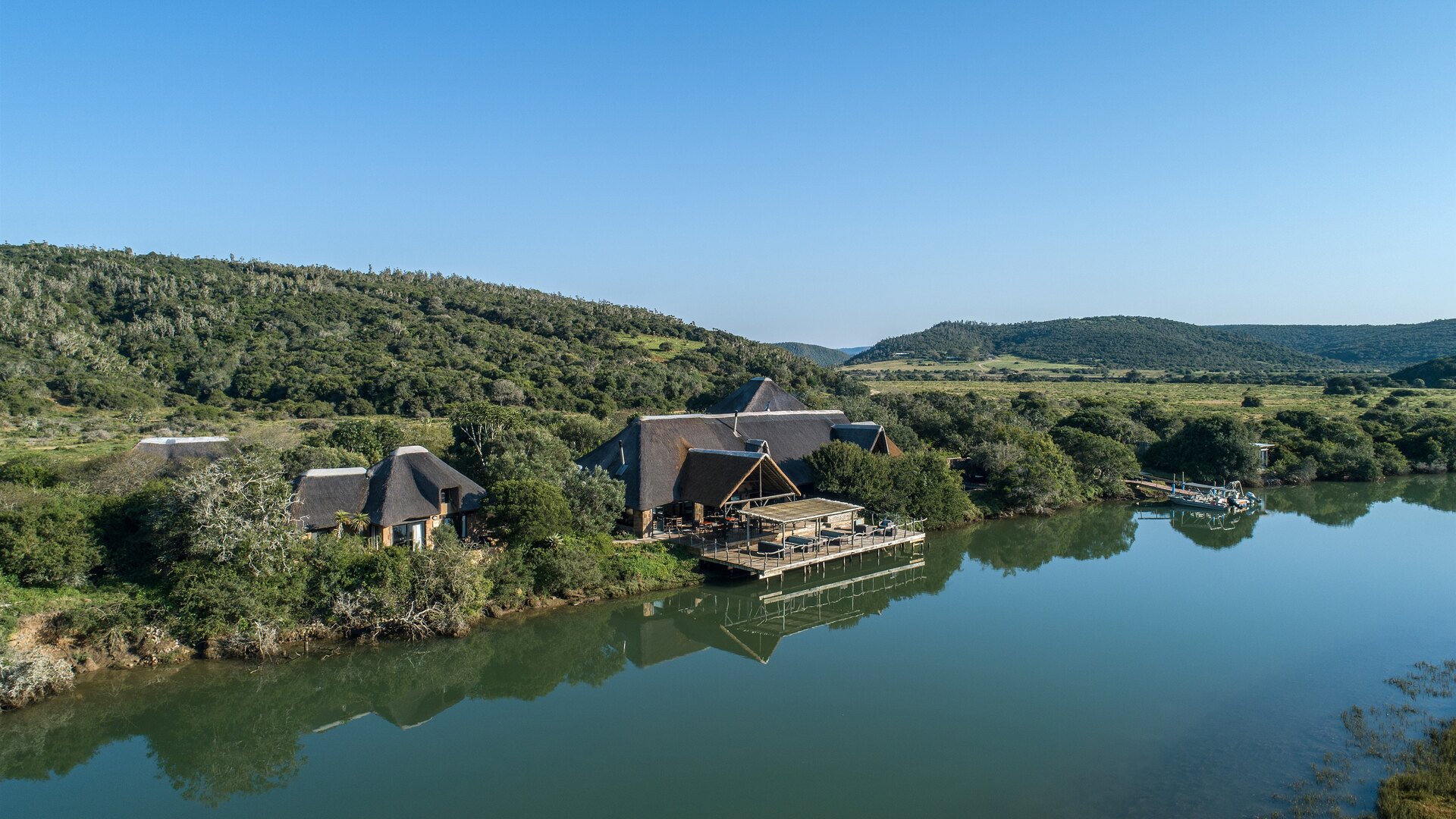 A river valley and bushveld landscape at Kariega Game Reserve in the malaria-free Eastern Cape