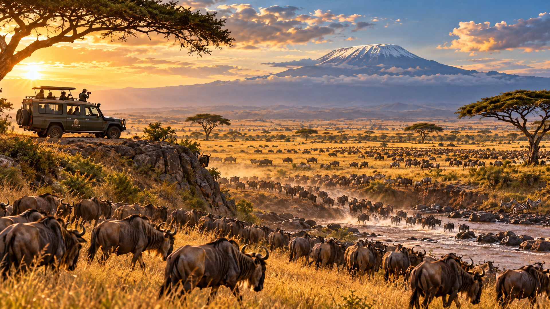 Wildebeest herds crossing the Masai Mara plains during the Great Migration with Mount Kilimanjaro in the distance, Kenya