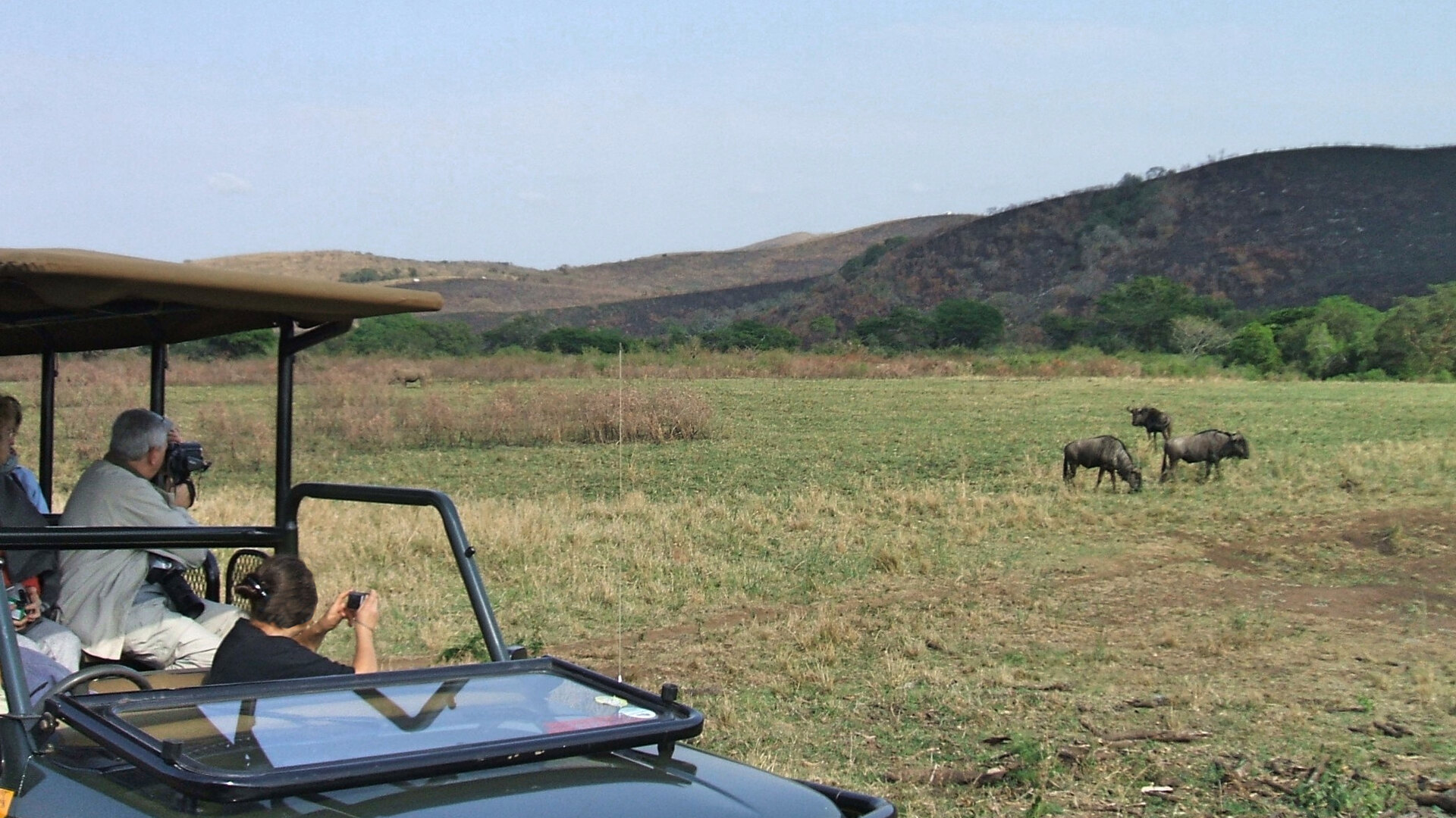 An open safari vehicle on a Kruger game drive in warm golden light