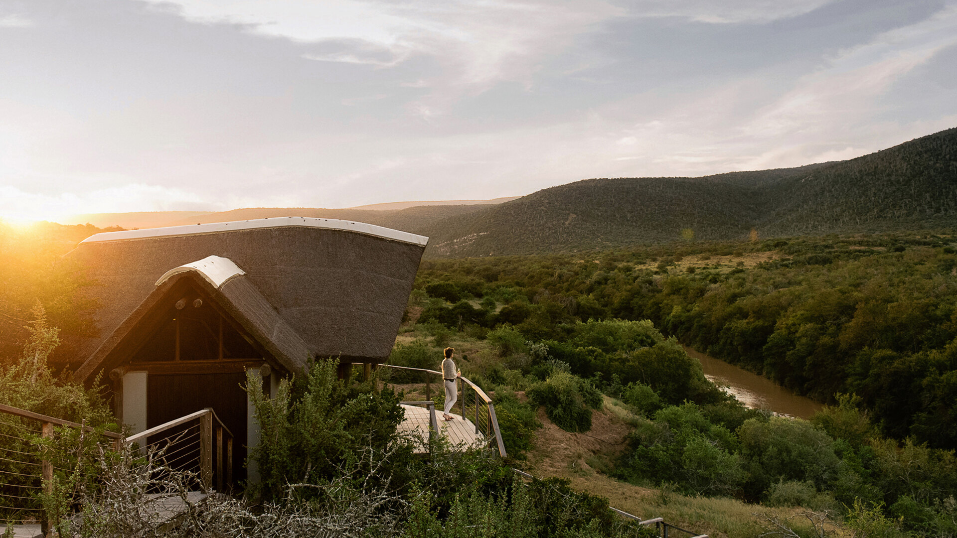 Great Fish River Lodge at sunset above the valley at Kwandwe Private Game Reserve in the Eastern Cape
